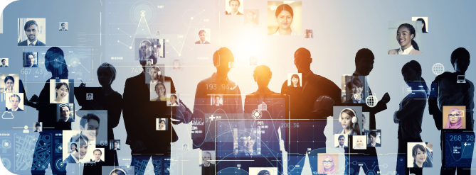 A diverse group of individuals standing in front of various social icons representing different social media platforms.