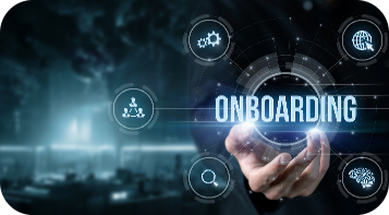 A person holding the word 'ONBOARDING' with floating digital icons representing business and technology concepts in the background.
