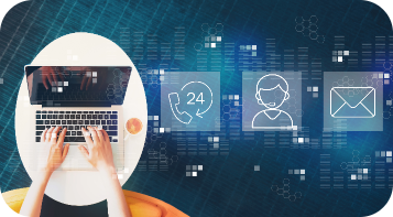 Person typing on a laptop with icons above showing 24/7 support via phone, a customer service representative, and email, symbolizing various communication modes against a digital background.